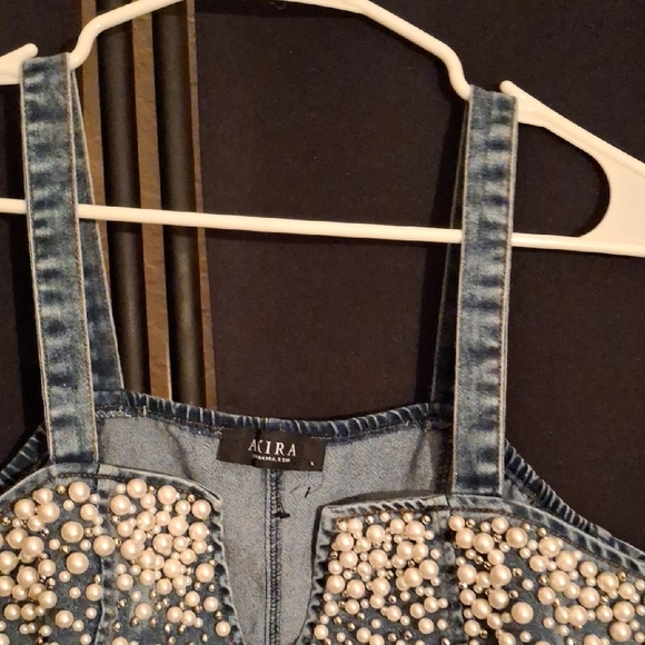 Aura Blue Denim Women's TOP with Pearl Accents - Picture 5 of 7